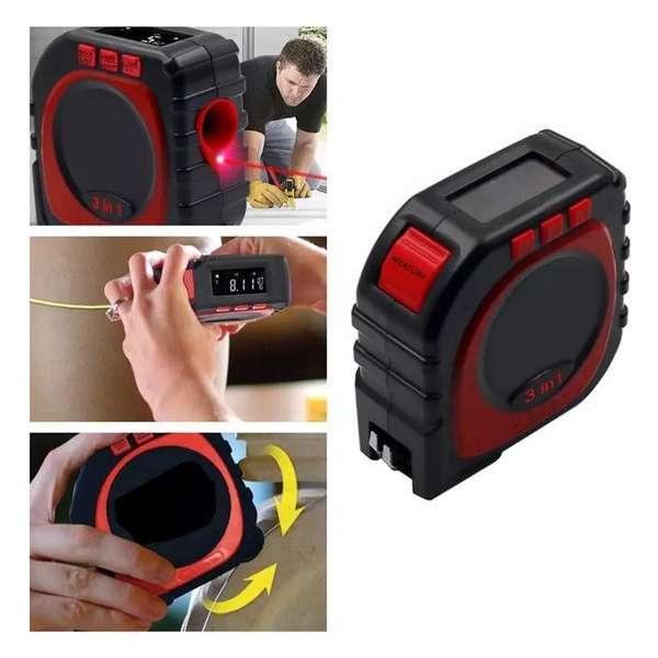 Digitale rolmaat met LCD display 3-in-1 met Laser Rolwiel Uittrekkoord - Tape measure - Meetlint - Afstandsmeter Digitale rolmaat met LCD display 3-in-1 met Laser Rolwiel Uittrekkoord - Tape measure - Meetlint - Afstandsmeter