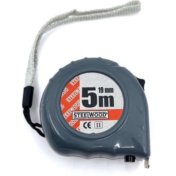 Steelwood Rolbandmaat - 5 mtr - Cm en mm aanduiding - Stopknop Steelwood Rolbandmaat - 5 mtr - Cm en mm aanduiding - Stopknop