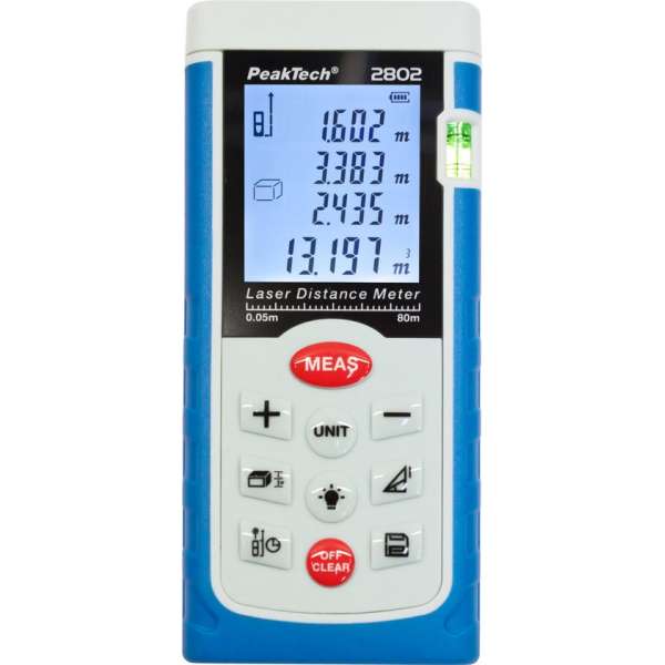 Peaktech 2802: Laser-afstandsmeter tot 80 m met berekening van oppervlakte en volume Peaktech 2802: Laser-afstandsmeter tot 80 m met berekening van oppervlakte en volume