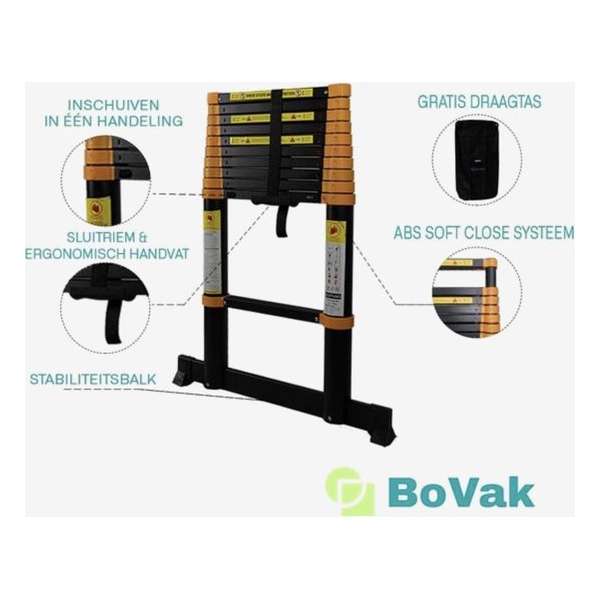 Telescoop ladder PRO 4.4 meter met stabilisatiebalk en Soft close systeem-EU veiligheidskeurmerk + Gratis draagtas Telescoop ladder PRO 4.4 meter met stabilisatiebalk en Soft close systeem-EU veiligheidskeurmerk + Gratis draagtas