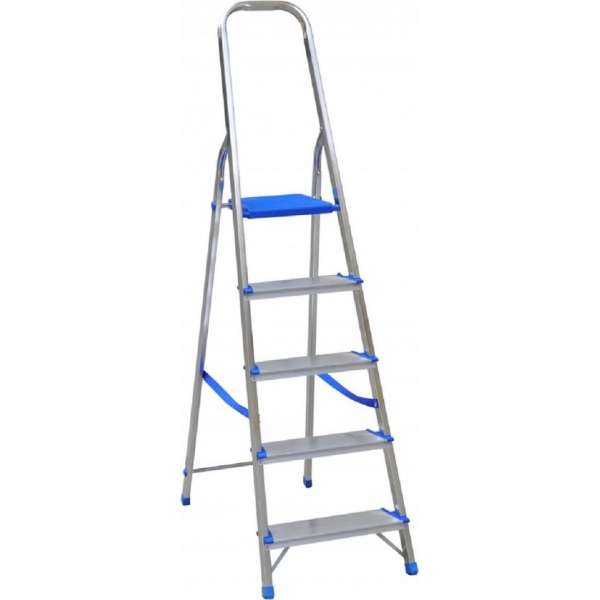 Aluminium professionele ladder of huishoudtrap met kunststof platform en beugel met 5 treden. Belastbaar tot 150 kg! Aluminium professionele ladder of huishoudtrap met kunststof platform en beugel met 5 treden. Belastbaar tot 150 kg!