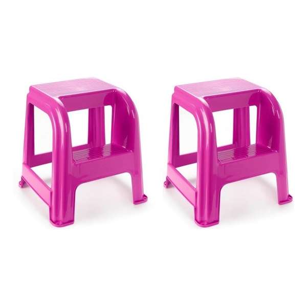 2x stuks fuchsia roze keukenkrukje/opstapje met 2 treden 45 cm - Keuken/badkamer krukjes/opstapjes 2x stuks fuchsia roze keukenkrukje/opstapje met 2 treden 45 cm - Keuken/badkamer krukjes/opstapjes