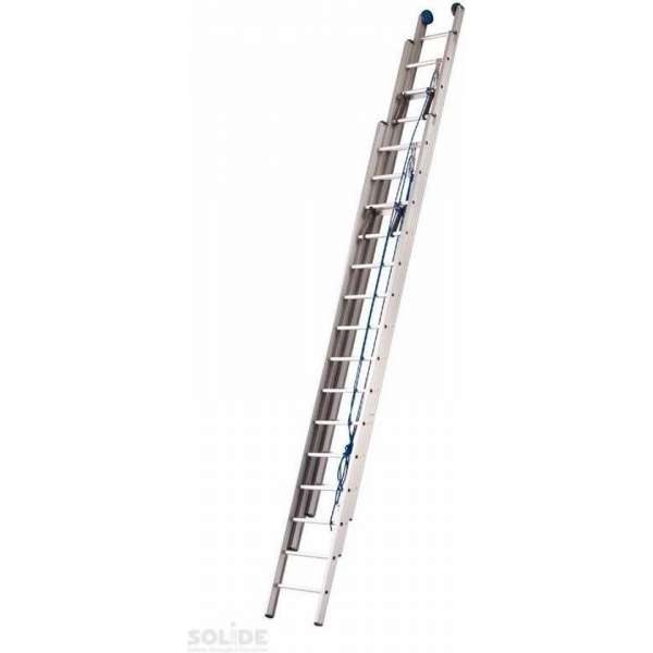 Schuifladder met touw Type F gecoat driedelig recht 3x16 sporten + stabliliteits balk Schuifladder met touw Type F gecoat driedelig recht 3x16 sporten + stabliliteits balk