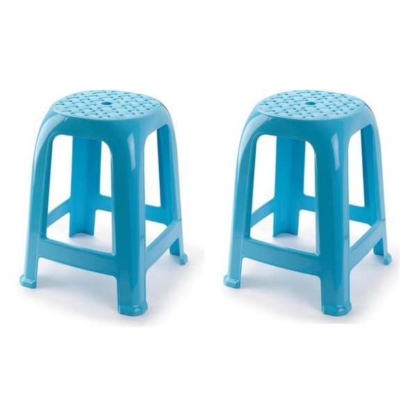 2x stuks lichtblauw krukje/keukenkrukje/opstapje 46,5 cm - Keuken/badkamer krukjes/zitjes 2x stuks lichtblauw krukje/keukenkrukje/opstapje 46,5 cm - Keuken/badkamer krukjes/zitjes