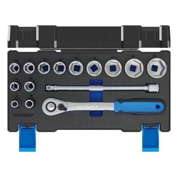 Gedore Blauw Premium Line: 19DMU-20 Dopsleutelset - Doppenset 15 Delig - 1/2" 6-kant Metrisch 10-32 mm Gedore Blauw Premium Line: 19DMU-20 Dopsleutelset - Doppenset 15 Delig - 1/2" 6-kant Metrisch 10-32 mm