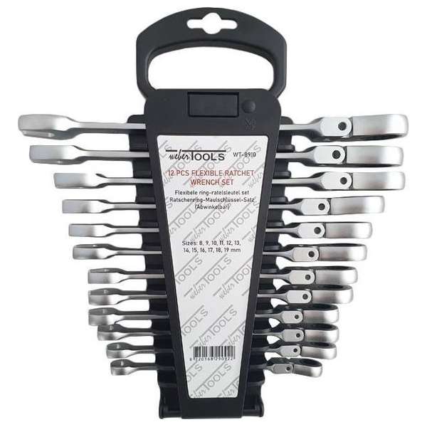WEBER TOOLS - Professionele ringratelsleutel set flexibel 12-delig mat chroom WEBER TOOLS - Professionele ringratelsleutel set flexibel 12-delig mat chroom