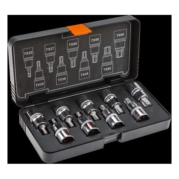 Doppenset Torx, 9 delig kort, 1/2 aansluiting. Doppenset Torx, 9 delig kort, 1/2 aansluiting.