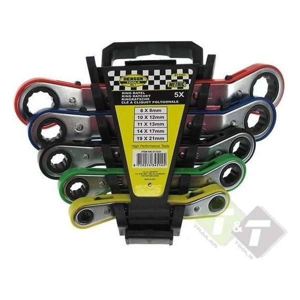 Ringratel sleutel set, 5 delig, Metrisch, 6x8, 10x12, 11x13, 14x17, 19x21 mm Ringratel sleutel set, 5 delig, Metrisch, 6x8, 10x12, 11x13, 14x17, 19x21 mm