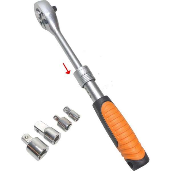 Telescopische Ratel Chroom Vanadium 1/4″ fijngetand 72 tanden HQ uitschuifbaar + 3/8 en 1/2 verloop set Telescopische Ratel Chroom Vanadium 1/4″ fijngetand 72 tanden HQ uitschuifbaar + 3/8 en 1/2 verloop set