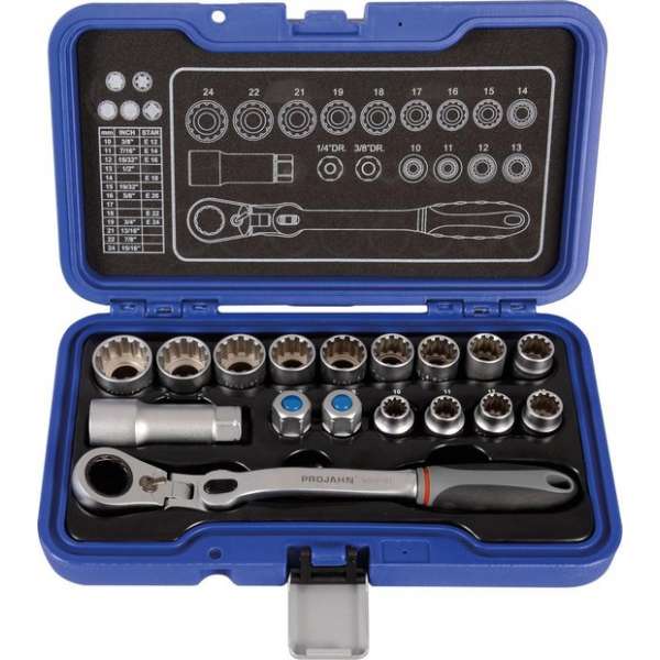 Doppenset GearTech 1/4" + 3/8"- Ratel Vergrendeling en Flex Head 17-dlg. E-TX Doppenset GearTech 1/4" + 3/8"- Ratel Vergrendeling en Flex Head 17-dlg. E-TX