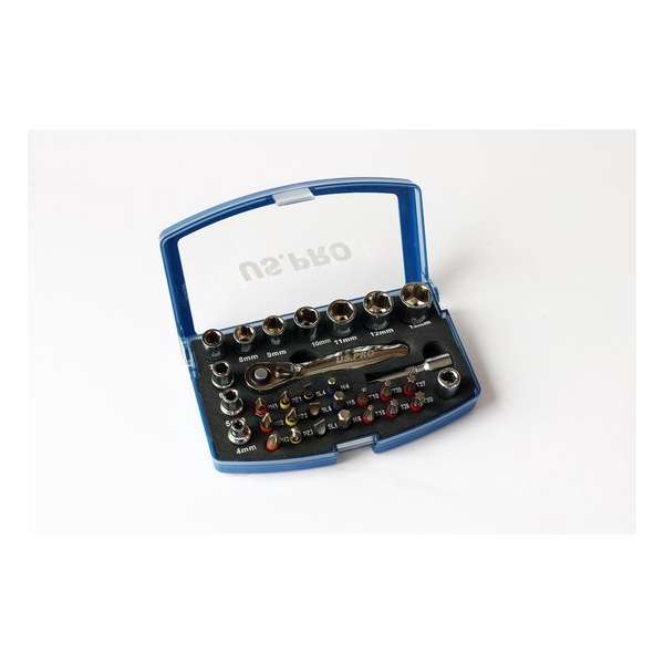 Dop en bitset met ratel 1/4" 31-delig Dop en bitset met ratel 1/4" 31-delig