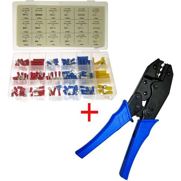 Ratel krimptang 220mm 1.5, 2.5 & 6mm² kabelschoentang AMP tang connectors + 150 kabelschoenen set Ratel krimptang 220mm 1.5, 2.5 & 6mm² kabelschoentang AMP tang connectors + 150 kabelschoenen set