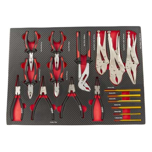 17 Delige Tangen en Doorslagenset in Carbon Foam inlay voor Gereedschapswagen 17 Delige Tangen en Doorslagenset in Carbon Foam inlay voor Gereedschapswagen