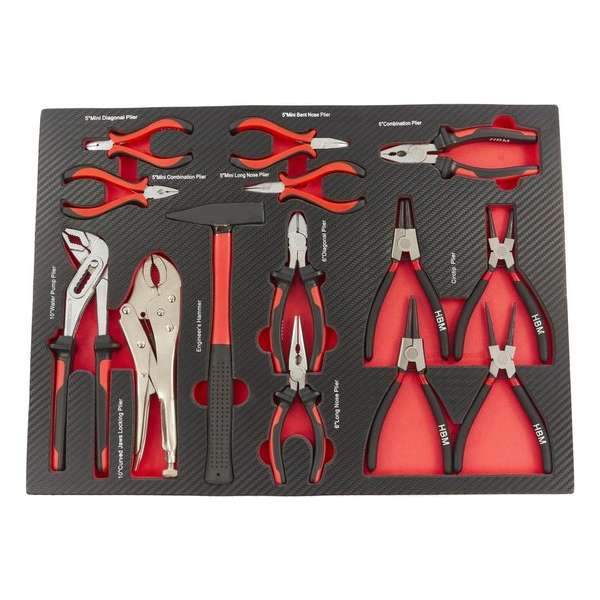 14 Delige Tangenset met Hamer in Carbon Foam inlay voor Gereedschapswagen 14 Delige Tangenset met Hamer in Carbon Foam inlay voor Gereedschapswagen