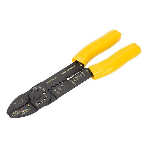 Knip-, strip- en krimptang voor ongeïsoleerde en geïsoleerde kabelschoentjes Knip-, strip- en krimptang voor ongeïsoleerde en geïsoleerde kabelschoentjes