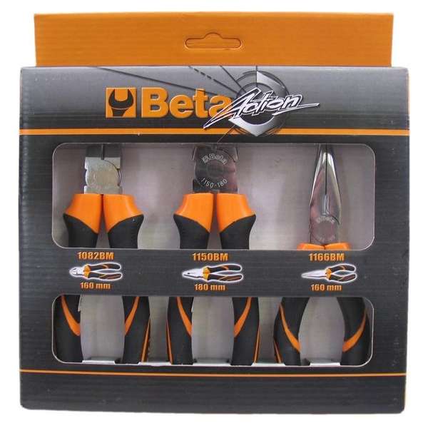 Beta Tangenset 3 delig. Bestaande uit combinatietang 180mm, zijkniptang 160mm en punttang 160mm. Beta Tangenset 3 delig. Bestaande uit combinatietang 180mm, zijkniptang 160mm en punttang 160mm.