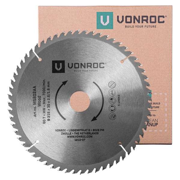 VONROC Zaagblad – Ø216MM – 60 tanden – voor hout – geschikt voor afkortzagen & tafelzagen VONROC Zaagblad – Ø216MM – 60 tanden – voor hout – geschikt voor afkortzagen & tafelzagen