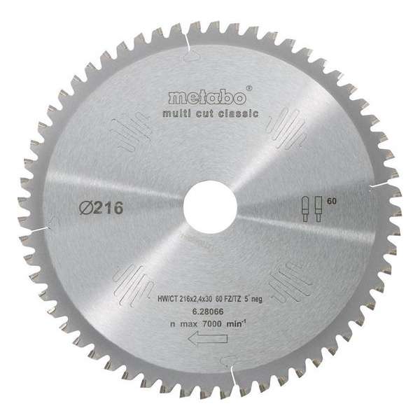 Metabo 628066000 Multi Cut Cirkelzaagblad - 216 x 30 x 60T - Hout / Epoxy / Aluminium / Kunststof Metabo 628066000 Multi Cut Cirkelzaagblad - 216 x 30 x 60T - Hout / Epoxy / Aluminium / Kunststof
