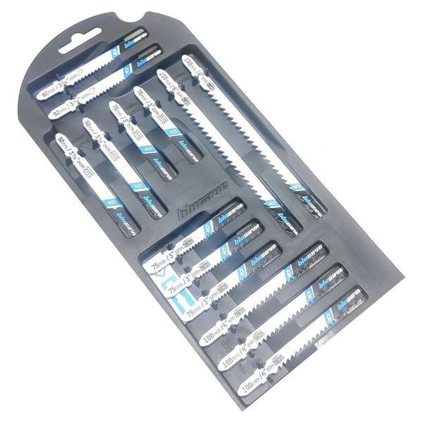 Decoupeerzaagbladen 75 t/m 150mm HCS Hout Staal Plastic 14 delig t-schacht universeel decoupeer zaagbladen Decoupeerzaagbladen 75 t/m 150mm HCS Hout Staal Plastic 14 delig t-schacht universeel decoupeer zaagbladen
