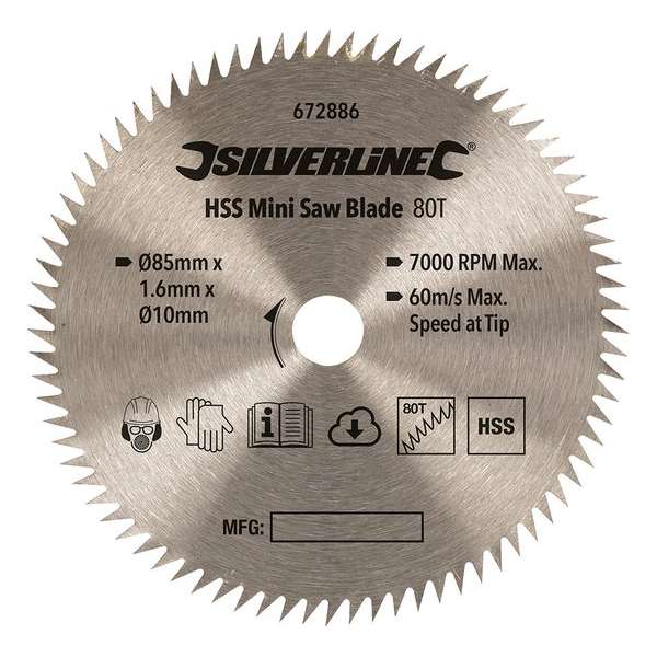 Silverline 672886 HSS mini Cirkelzaagblad - 85 x 10 x 80T - Hout Silverline 672886 HSS mini Cirkelzaagblad - 85 x 10 x 80T - Hout