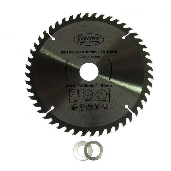 Cirkelzaagblad Ø 210 x 2.5 x Ø 30mm 48 Tands incl verloopringen 20 en 16mm Cirkelzaagblad Ø 210 x 2.5 x Ø 30mm 48 Tands incl verloopringen 20 en 16mm
