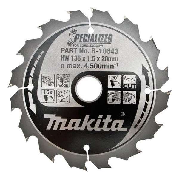 Makita B-10643 Specialized Cirkelzaagblad - 136 x 20 x 16T - Hout Makita B-10643 Specialized Cirkelzaagblad - 136 x 20 x 16T - Hout