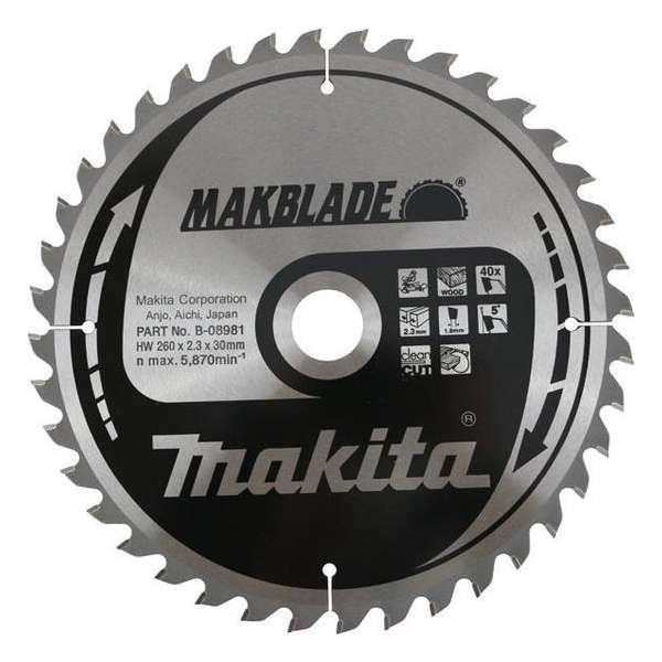 Makita B-08981 Cirkelzaagblad - 260 x 30 x 40T Makita B-08981 Cirkelzaagblad - 260 x 30 x 40T