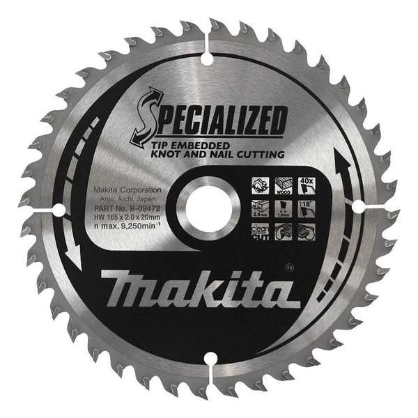 Makita B-09472 Specialized Cirkelzaagblad - 165 x 20 x 40T - Hout ( Met nagels) / Epoxy / Aluminium / Kunststof Makita B-09472 Specialized Cirkelzaagblad - 165 x 20 x 40T - Hout ( Met nagels) / Epoxy / Aluminium / Kunststof