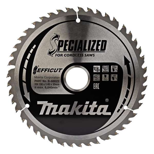 Makita Cirkelzaagblad Hout Efficut 190x30x1,45 45T 23g Makita Cirkelzaagblad Hout Efficut 190x30x1,45 45T 23g