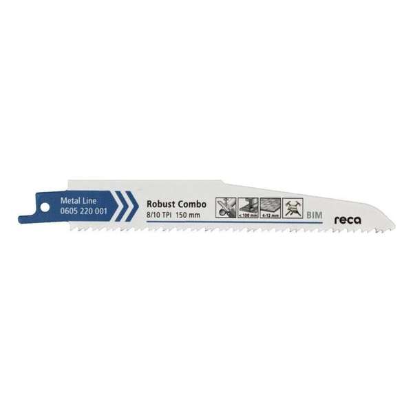 Reca Reciprozaagblad metaal Robust Combo 8/10 150 mm BiM sloopwerkzaamheden, dikke platen 4-12 mm, ook voor glas (10 stuks) Reca Reciprozaagblad metaal Robust Combo 8/10 150 mm BiM sloopwerkzaamheden, dikke platen 4-12 mm, ook voor glas (10 stuks)