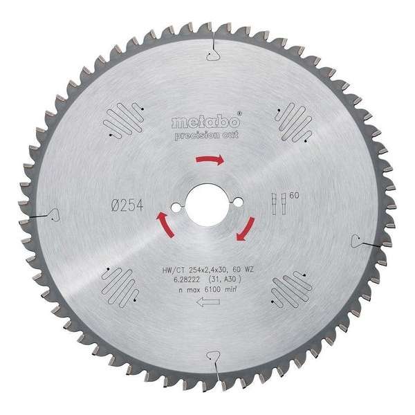 Metabo 628222000 Precision Cut Cirkelzaagblad - 254 x 30 x 60T - Hout / MDF / Spaanplaat / Compositiematerialen Metabo 628222000 Precision Cut Cirkelzaagblad - 254 x 30 x 60T - Hout / MDF / Spaanplaat / Compositiematerialen