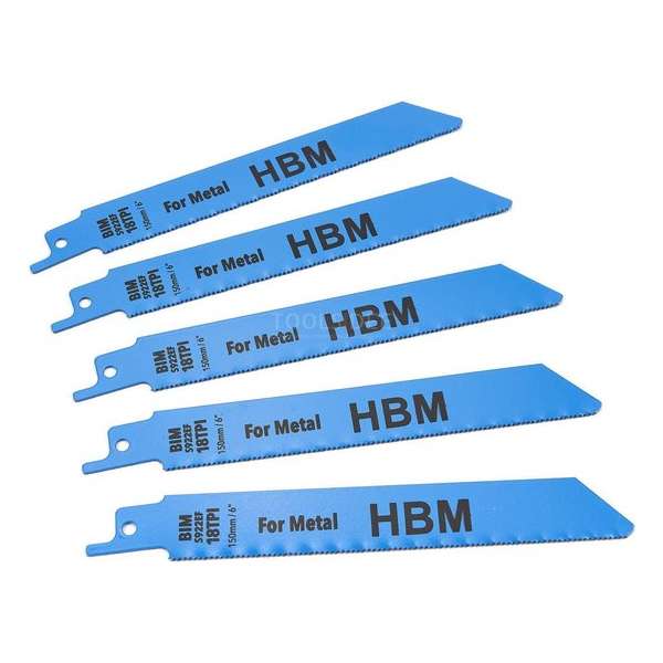 HBM 5 Delige 150 mm. 18 TPI Reciprozaagbladenset Voor Metaal HBM 5 Delige 150 mm. 18 TPI Reciprozaagbladenset Voor Metaal
