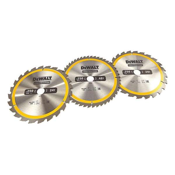 DeWALT DT1963-QZ 3 Delige Cirkelzaagbladen Set 250x30mm 2x24Tands 1x48Tands DeWALT DT1963-QZ 3 Delige Cirkelzaagbladen Set 250x30mm 2x24Tands 1x48Tands