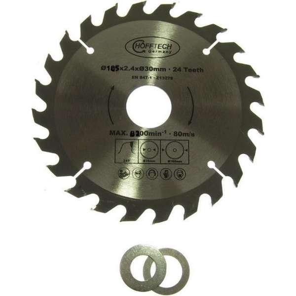 Cirkelzaagblad Ø 185 x 2.4 x Ø 30mm 24 Tands incl verloopringen 20 en 16mm Cirkelzaagblad Ø 185 x 2.4 x Ø 30mm 24 Tands incl verloopringen 20 en 16mm