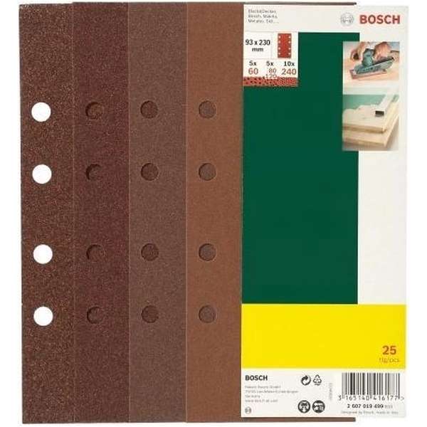 Bosch 25-delige schuurbladenset voor vlakschuurmachine - spansysteem - 93 x 230 mm - 8 gaten - korrel 120 Bosch 25-delige schuurbladenset voor vlakschuurmachine - spansysteem - 93 x 230 mm - 8 gaten - korrel 120