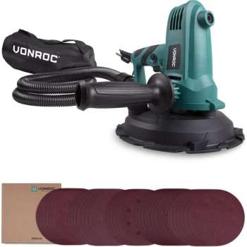 VONROC Wand-/plafondschuurmachine – 750W – Ø180MM – Plafond & Muur – Incl. slang, stofopvangzak en 33 schuurvellen