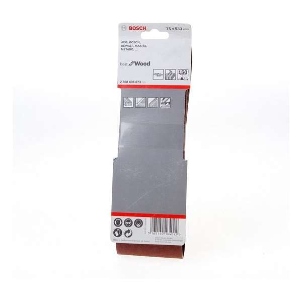 Bosch Schuurband 75 x 533mm k150 blister van 3 banden (Prijs per 2 stuks) Bosch Schuurband 75 x 533mm k150 blister van 3 banden (Prijs per 2 stuks)