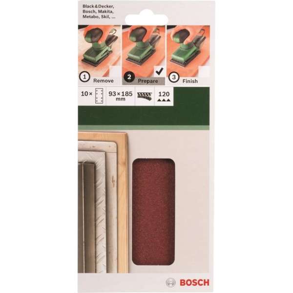 Bosch 10-delige schuurbladset voor vlakschuurmachines 93 x 185 mm - korrel 120 Bosch 10-delige schuurbladset voor vlakschuurmachines 93 x 185 mm - korrel 120