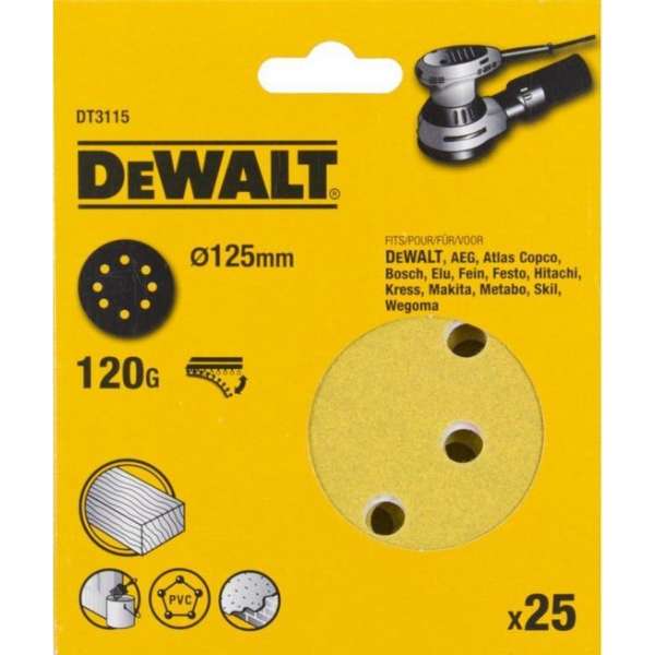 DeWalt DT3115 Schuurschijf - K120 - 125mm (25st) DeWalt DT3115 Schuurschijf - K120 - 125mm (25st)