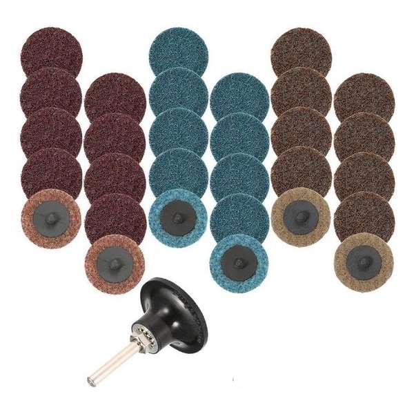 Scotch Brite clean en strip Roloc snelwissel schuurschijven 50 mm verschillende korrel groftes inclusief houder 31-delig Scotch Brite clean en strip Roloc snelwissel schuurschijven 50 mm verschillende korrel groftes inclusief houder 31-delig