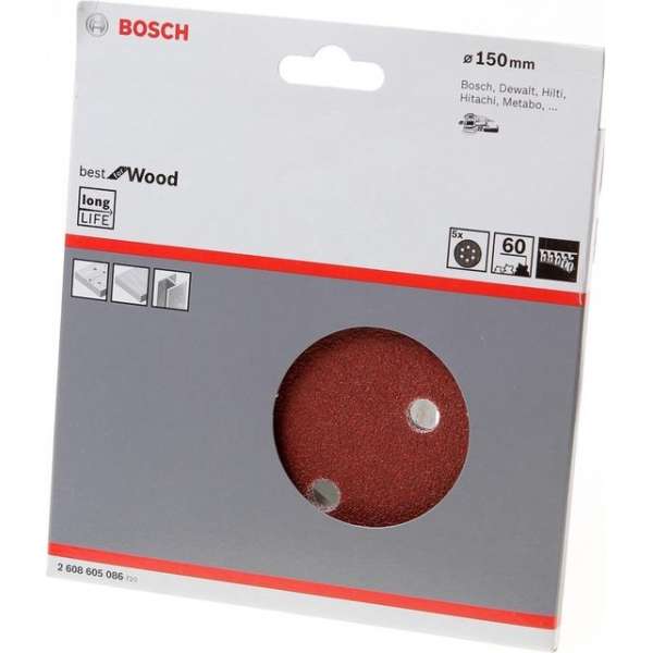 Bosch Schuurschijf wood and paint diameter 150mm K60 blister van 5 schijven Bosch Schuurschijf wood and paint diameter 150mm K60 blister van 5 schijven