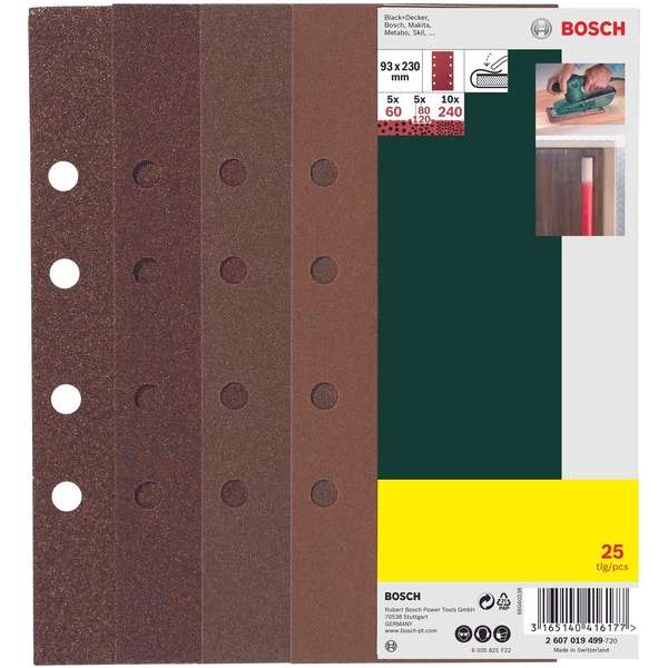Bosch 25-delige schuurbladenset - voor vlakschuurmachine - spansysteem - 93 x 230 mm - korrel 60 Bosch 25-delige schuurbladenset - voor vlakschuurmachine - spansysteem - 93 x 230 mm - korrel 60
