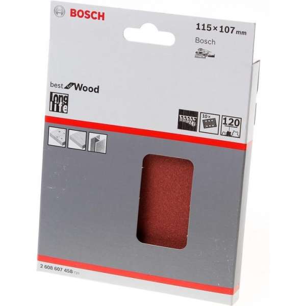 Bosch Schuurvel klit wood and paint 115 x 107 K120 blister van 10 vellen Bosch Schuurvel klit wood and paint 115 x 107 K120 blister van 10 vellen
