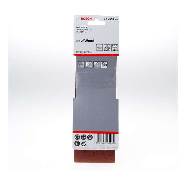 Bosch Schuurband 75 x 533mm K100 blister van 3 banden (Prijs per 2 stuks) Bosch Schuurband 75 x 533mm K100 blister van 3 banden (Prijs per 2 stuks)
