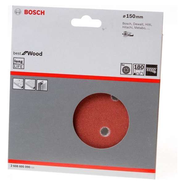 Bosch Schuurschijf wood and paint diameter 150mm K180 blister van 5 schijven Bosch Schuurschijf wood and paint diameter 150mm K180 blister van 5 schijven
