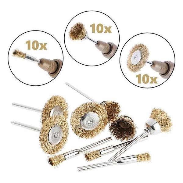 Set van 30 mini metaalborstels (messing), 3 mm schacht, 3 vormen Set van 30 mini metaalborstels (messing), 3 mm schacht, 3 vormen