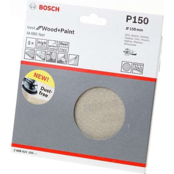 Bosch Schuurschijfnet Wood and Paint 150mm K150 M480 blister van 5 schijven Bosch Schuurschijfnet Wood and Paint 150mm K150 M480 blister van 5 schijven
