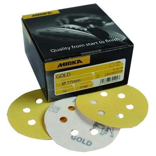 MIRKA Gold Schuurschijven 77mm met 6 gaten / 50 stuks - P180 MIRKA Gold Schuurschijven 77mm met 6 gaten / 50 stuks - P180