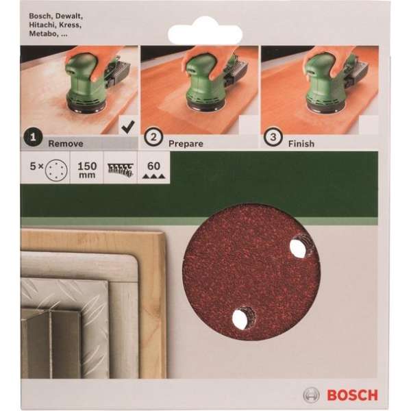Bosch 5-delige schuurbladset voor excenterschuurmachines 150 mm geperforeerd - korrel 60 Bosch 5-delige schuurbladset voor excenterschuurmachines 150 mm geperforeerd - korrel 60