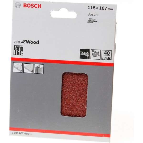 Bosch Schuurvel klit wood and paint 115 x 107 K40 blister van 10 vellen Bosch Schuurvel klit wood and paint 115 x 107 K40 blister van 10 vellen